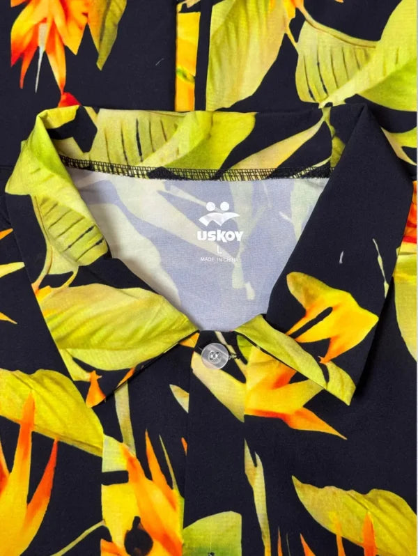 USKOY Men’s Tropical Hawaiian Silk Shirt – Black Bird of Paradise Silk Blend, Short Sleeve Button-Down