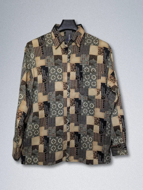 Report Patchwork Silk Shirt – Men’s Long-Sleeve | Vintage Geometric Print Button-Down