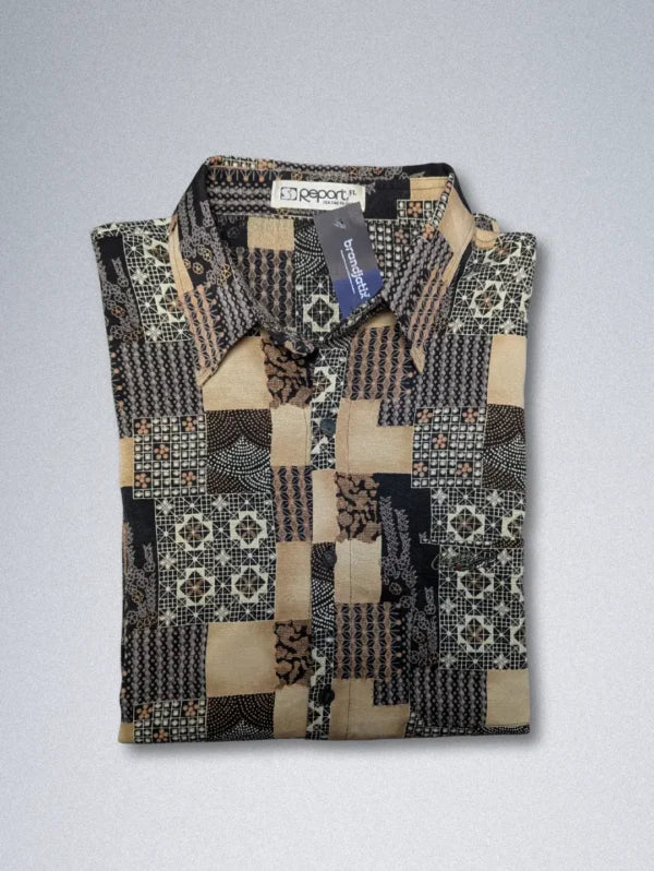 Report Patchwork Silk Shirt – Men’s Long-Sleeve | Vintage Geometric Print Button-Down