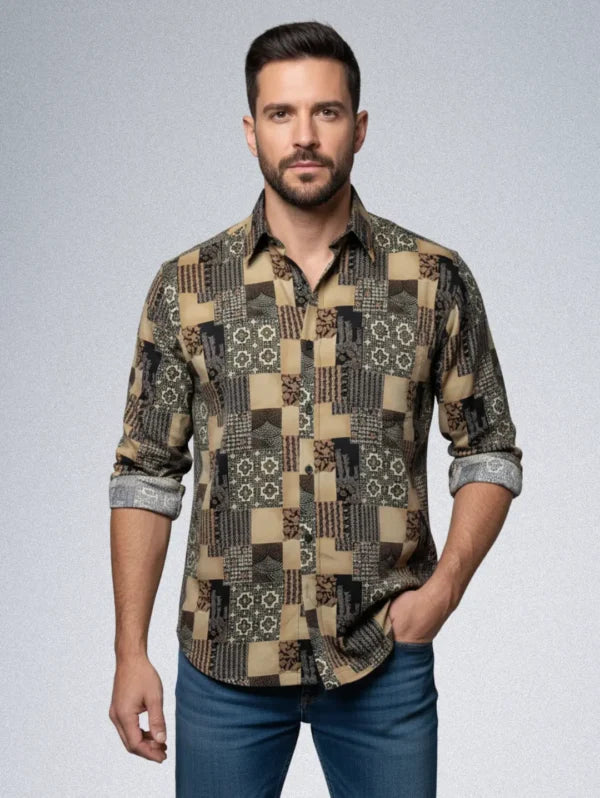 Report Patchwork Silk Shirt – Men’s Long-Sleeve | Vintage Geometric Print Button-Down