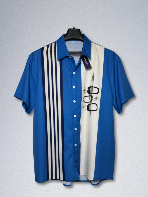 Retro ’50s Bowling Shirt – Men’s Mid-Century Modern Button-Down | Blue & White Polyester