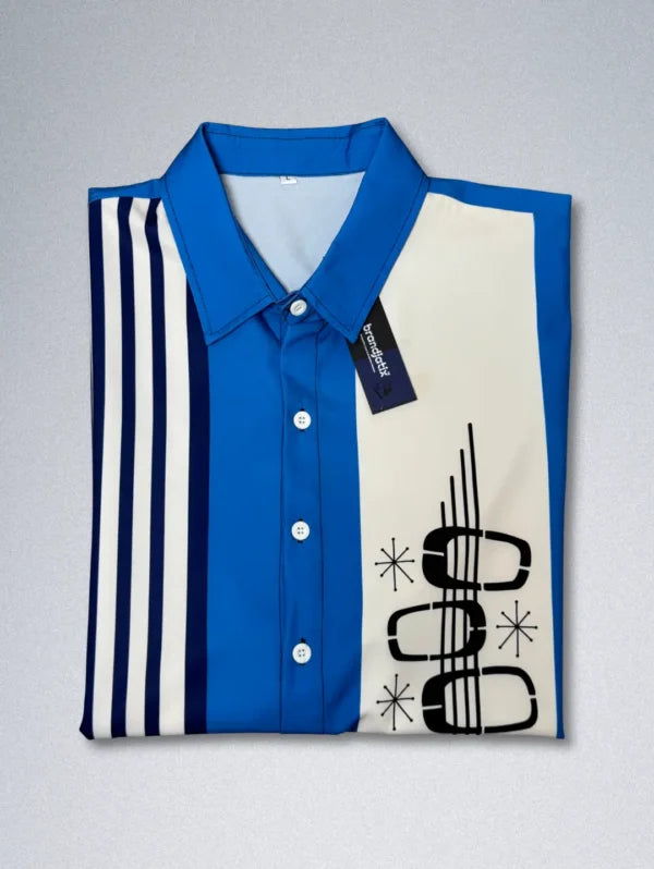 Retro ’50s Bowling Shirt – Men’s Mid-Century Modern Button-Down | Blue & White Polyester