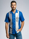 Retro ’50s Bowling Shirt – Men’s Mid-Century Modern Button-Down | Blue & White Polyester