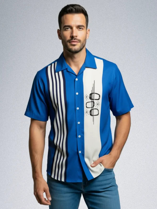 Retro ’50s Bowling Shirt – Men’s Mid-Century Modern Button-Down | Blue & White Polyester