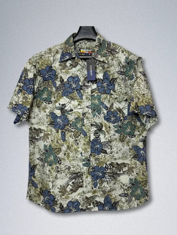 Havana Jack’s Cafe Men’s Tropical Hawaiian Shirt – Blue & Green Floral Print, Cotton Button-Down