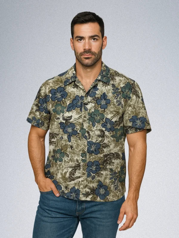Havana Jack’s Cafe Men’s Tropical Hawaiian Shirt – Blue & Green Floral Print, Cotton Button-Down