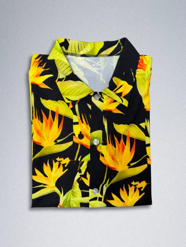 USKOY Men’s Tropical Hawaiian Silk Shirt – Black Bird of Paradise Silk Blend, Short Sleeve Button-Down