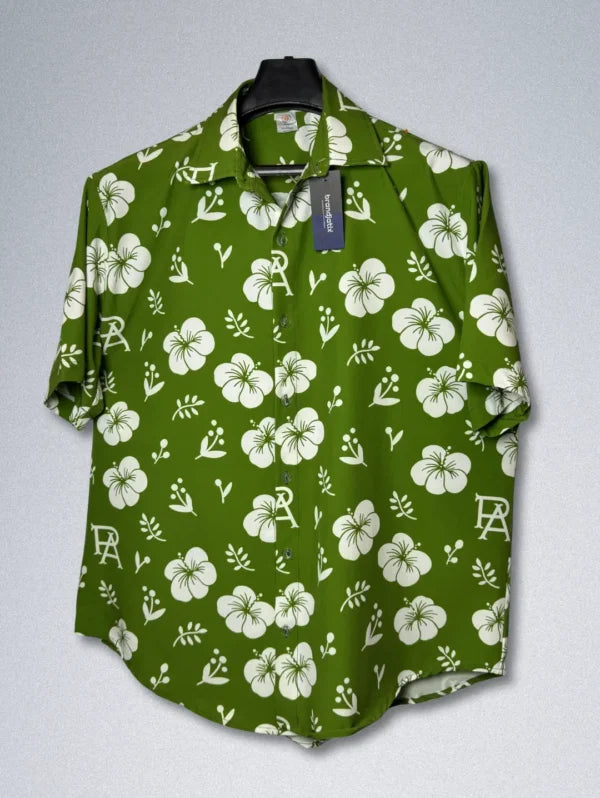 FPS Apparel Silk Shirt – Green & White Floral Monogram | Men’s Designer Button-Down