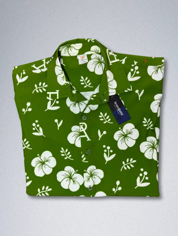 FPS Apparel Silk Shirt – Green & White Floral Monogram | Men’s Designer Button-Down