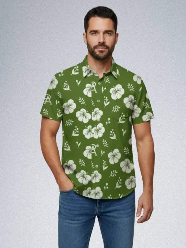 FPS Apparel Silk Shirt – Green & White Floral Monogram | Men’s Designer Button-Down