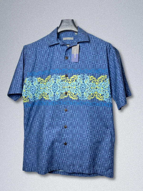 Koa Road Cotton Shirt – Blue Horizontal Stripe | Men’s Geometric Hawaiian Button-Down