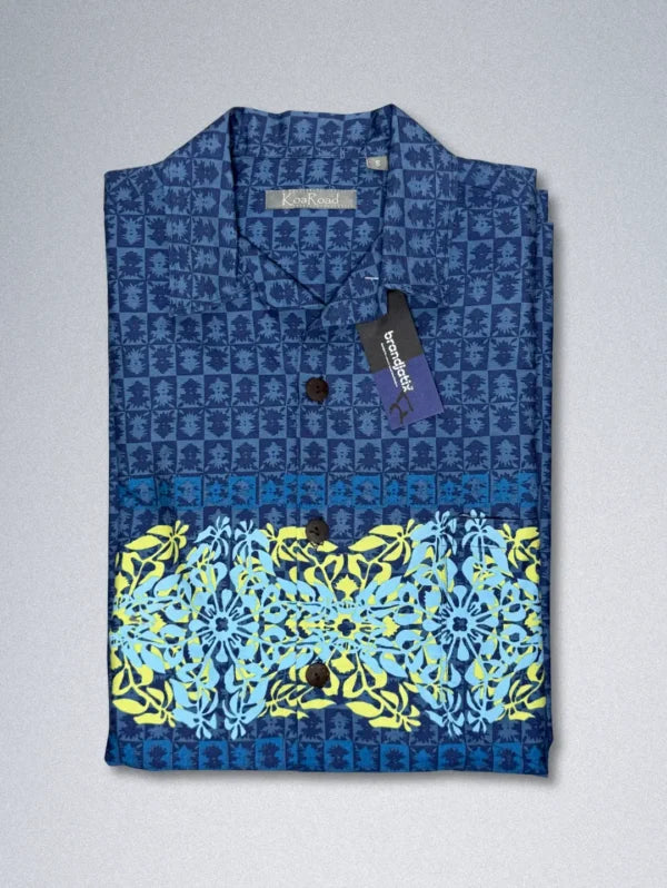 Koa Road Cotton Shirt – Blue Horizontal Stripe | Men’s Geometric Hawaiian Button-Down