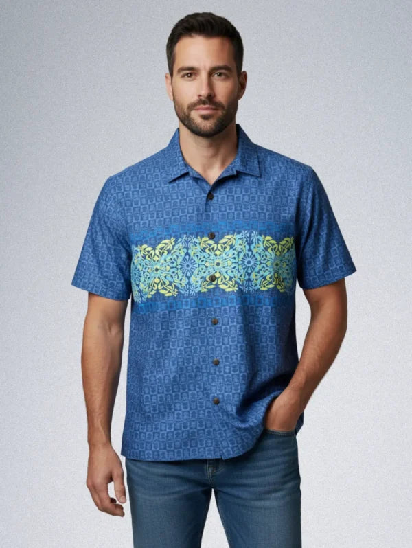 Koa Road Cotton Shirt – Blue Horizontal Stripe | Men’s Geometric Hawaiian Button-Down