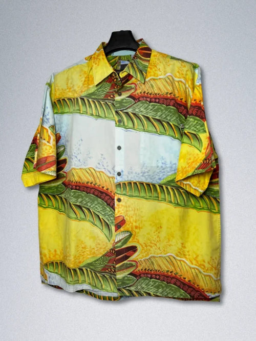CAMPTA Tropical Cotton Shirt – Men’s Abstract Leaf Print | Vibrant Button-Down