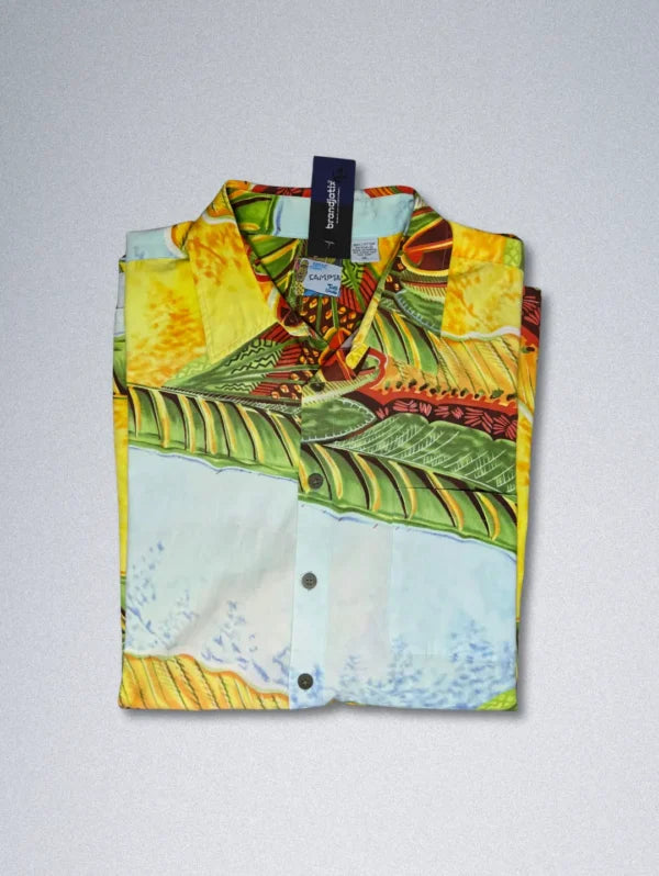 CAMPTA Tropical Cotton Shirt – Men’s Abstract Leaf Print | Vibrant Button-Down