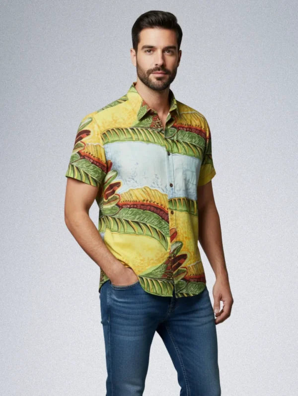 CAMPTA Tropical Cotton Shirt – Men’s Abstract Leaf Print | Vibrant Button-Down