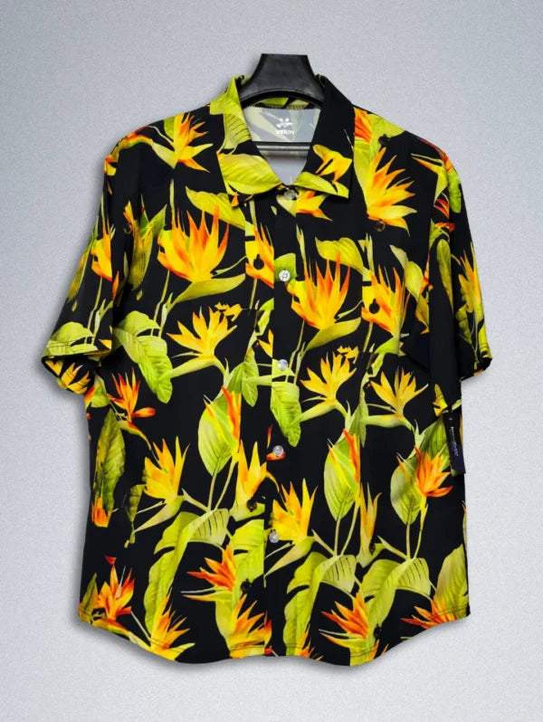 USKOY Men’s Tropical Hawaiian Silk Shirt – Black Bird of Paradise Silk Blend, Short Sleeve Button-Down