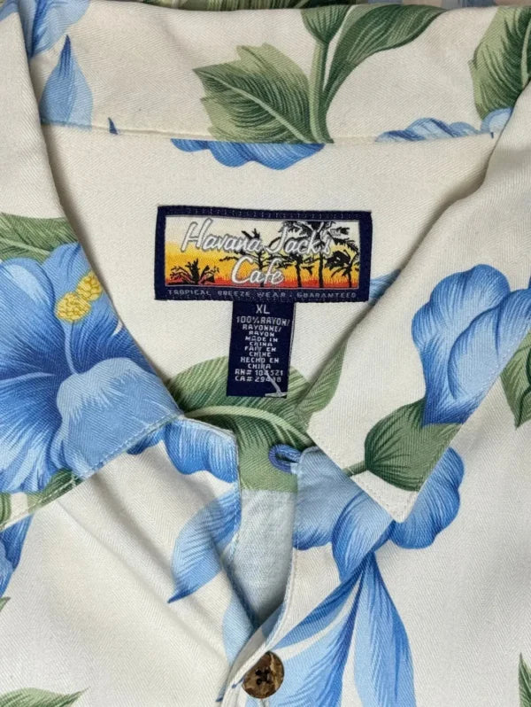 Havana Jack’s Cafe Hawaiian Shirt – Men’s Blue Hibiscus Rayon Button-Down