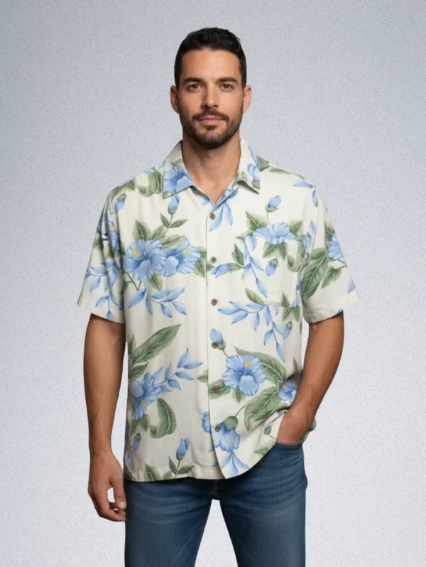 Havana Jack’s Cafe Hawaiian Shirt – Men’s Blue Hibiscus Rayon Button-Down