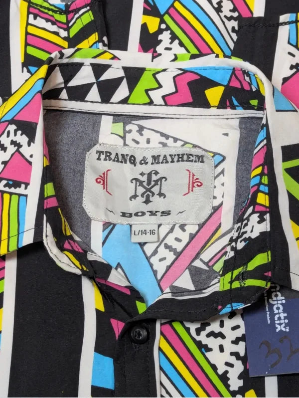Tranq & Mayhem Retro Silk Shirt – ’80s Memphis Style | Geometric Striped Button-Down