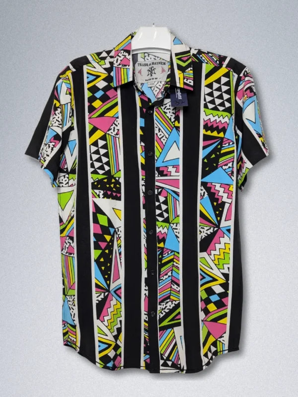 Tranq & Mayhem Retro Silk Shirt – ’80s Memphis Style | Geometric Striped Button-Down