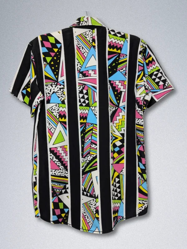 Tranq & Mayhem Retro Silk Shirt – ’80s Memphis Style | Geometric Striped Button-Down
