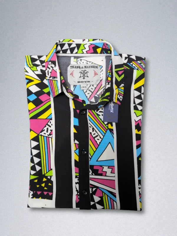 Tranq & Mayhem Retro Silk Shirt – ’80s Memphis Style | Geometric Striped Button-Down