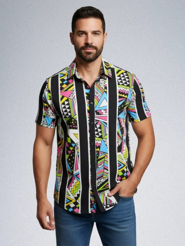 Tranq & Mayhem Retro Silk Shirt – ’80s Memphis Style | Geometric Striped Button-Down