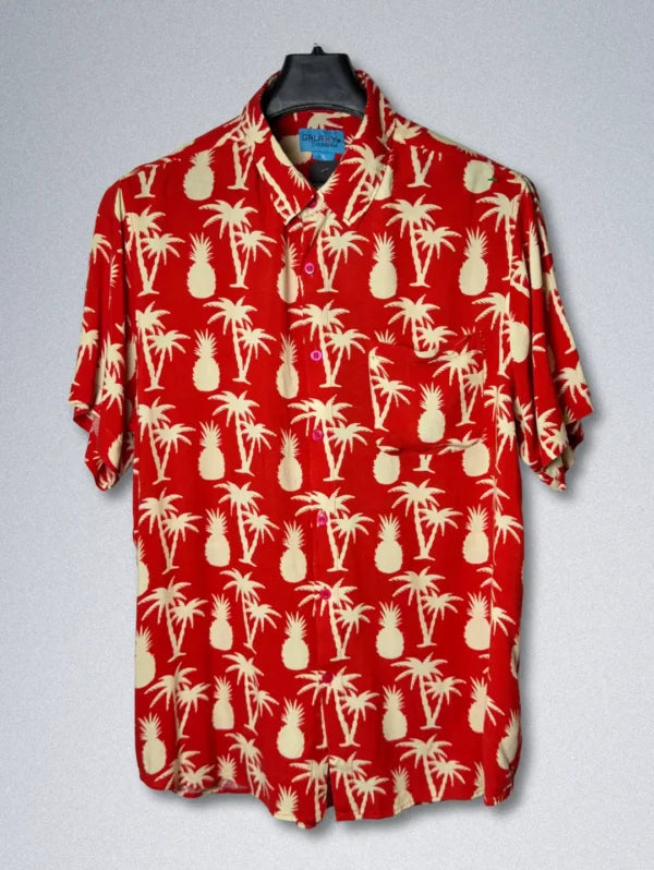 GALAXY Hawaiian Shirt – Men’s Pineapple & Palm Tree Print | Red Rayon Button-Down