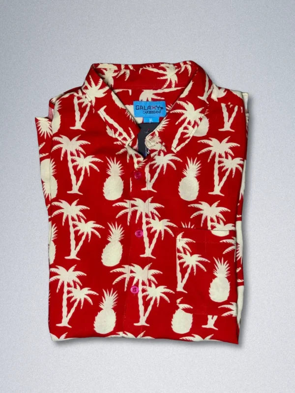GALAXY Hawaiian Shirt – Men’s Pineapple & Palm Tree Print | Red Rayon Button-Down