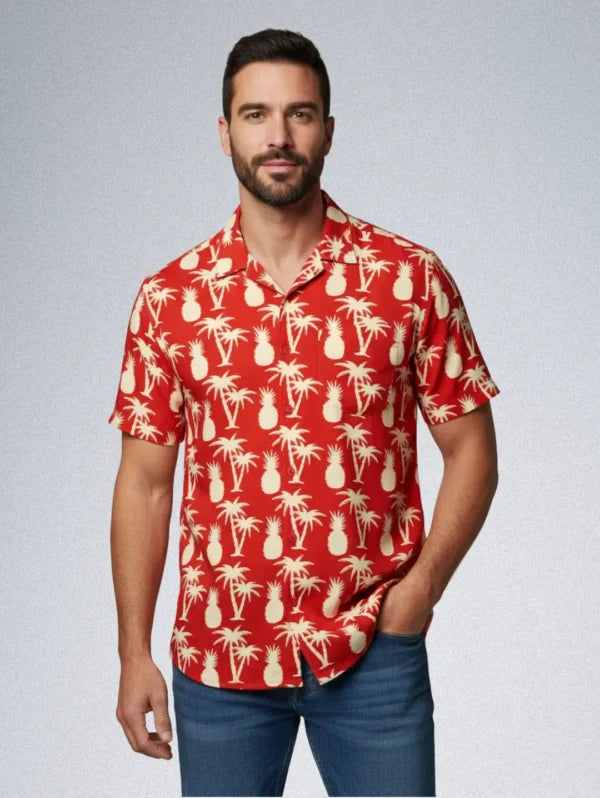 GALAXY Hawaiian Shirt – Men’s Pineapple & Palm Tree Print | Red Rayon Button-Down