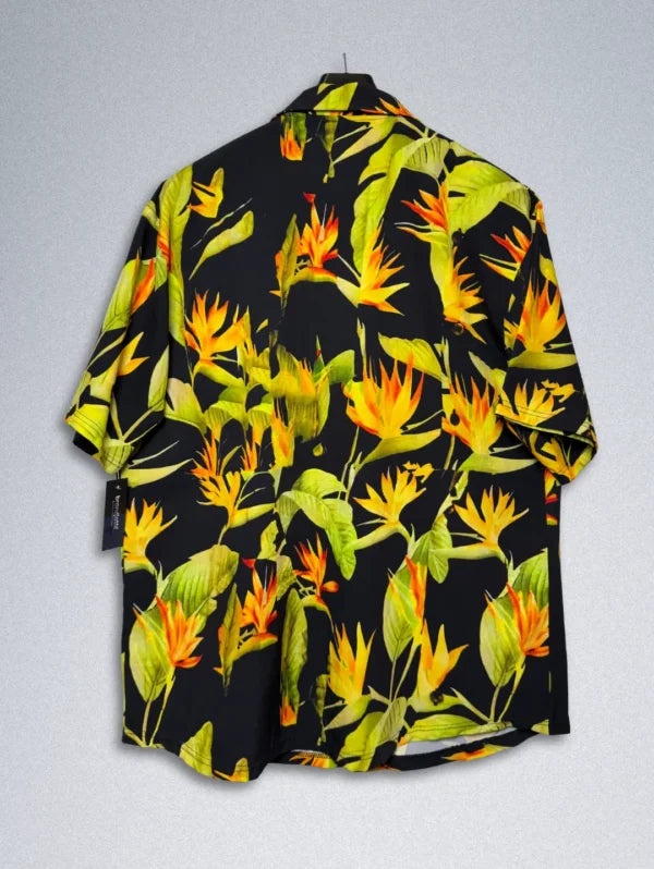 USKOY Men’s Tropical Hawaiian Silk Shirt – Black Bird of Paradise Silk Blend, Short Sleeve Button-Down