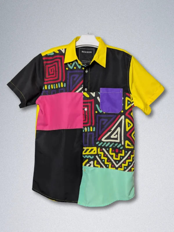 Reason Patchwork Silk Shirt – ’90s Streetwear | Abstract & Graphic Print Button-Down