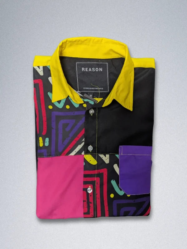 Reason Patchwork Silk Shirt – ’90s Streetwear | Abstract & Graphic Print Button-Down