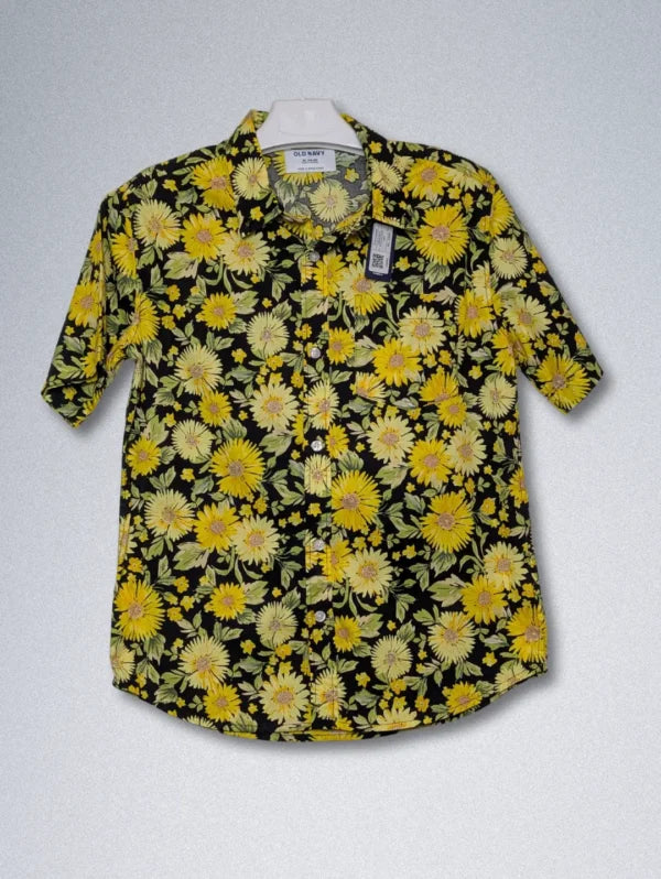 Old Navy Silk Shirt – Yellow Sunflower Floral Print | Men’s Black Button-Down