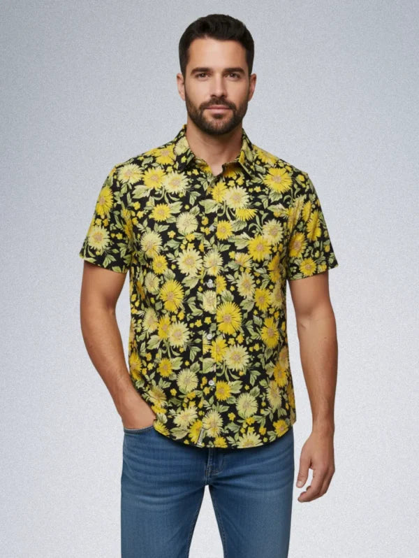Old Navy Silk Shirt – Yellow Sunflower Floral Print | Men’s Black Button-Down