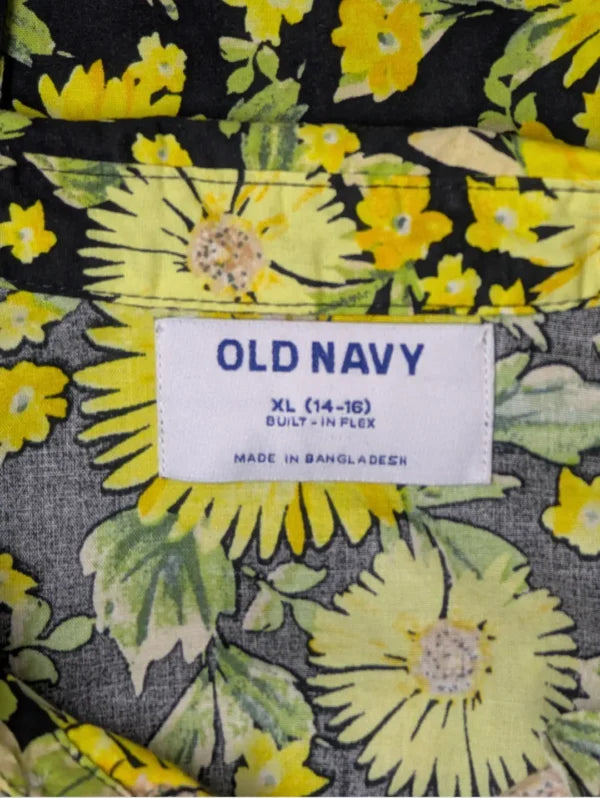 Old Navy Silk Shirt – Yellow Sunflower Floral Print | Men’s Black Button-Down