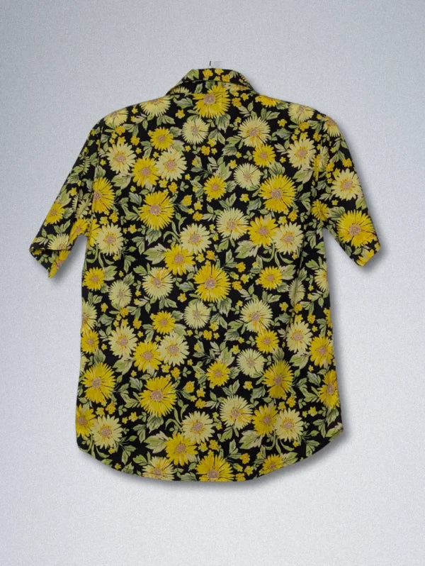 Old Navy Silk Shirt – Yellow Sunflower Floral Print | Men’s Black Button-Down