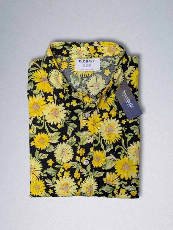 Old Navy Silk Shirt – Yellow Sunflower Floral Print | Men’s Black Button-Down