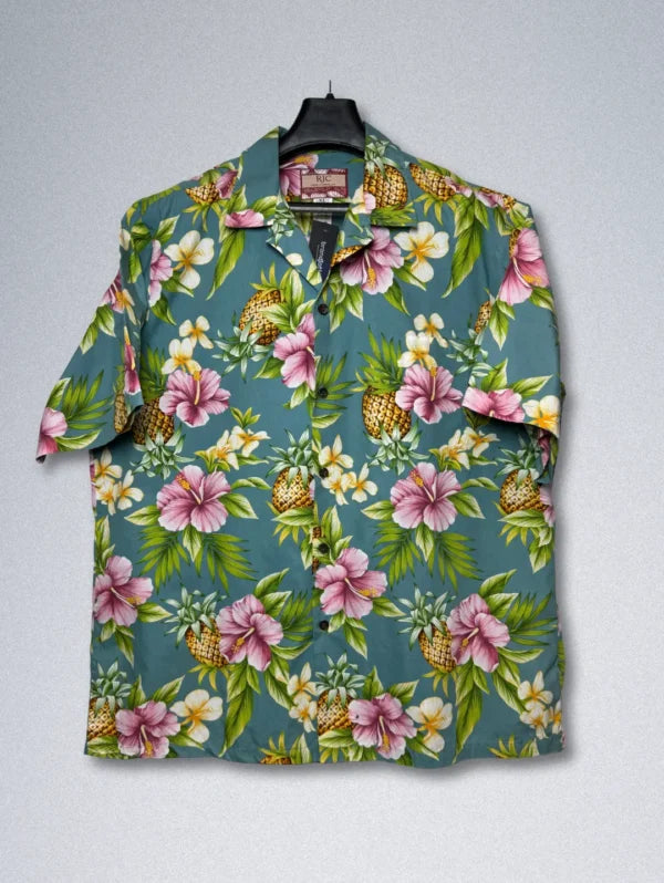 RJC Men’s Tropical Hawaiian Shirt – Teal Floral & Pineapple Print, Short Sleeve Button-Down
