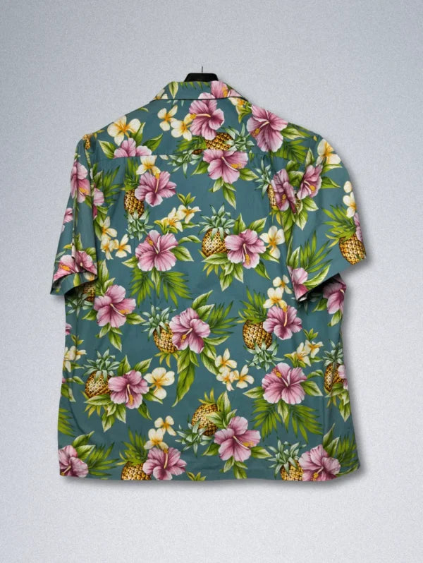 RJC Men’s Tropical Hawaiian Shirt – Teal Floral & Pineapple Print, Short Sleeve Button-Down