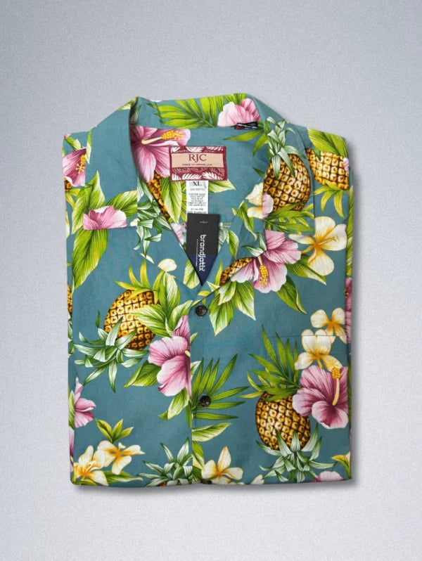RJC Men’s Tropical Hawaiian Shirt – Teal Floral & Pineapple Print, Short Sleeve Button-Down