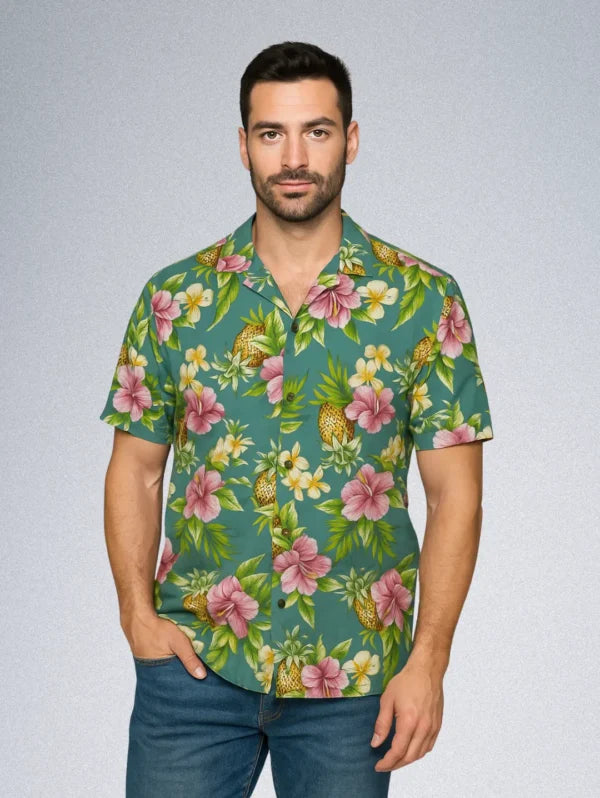 RJC Men’s Tropical Hawaiian Shirt – Teal Floral & Pineapple Print, Short Sleeve Button-Down