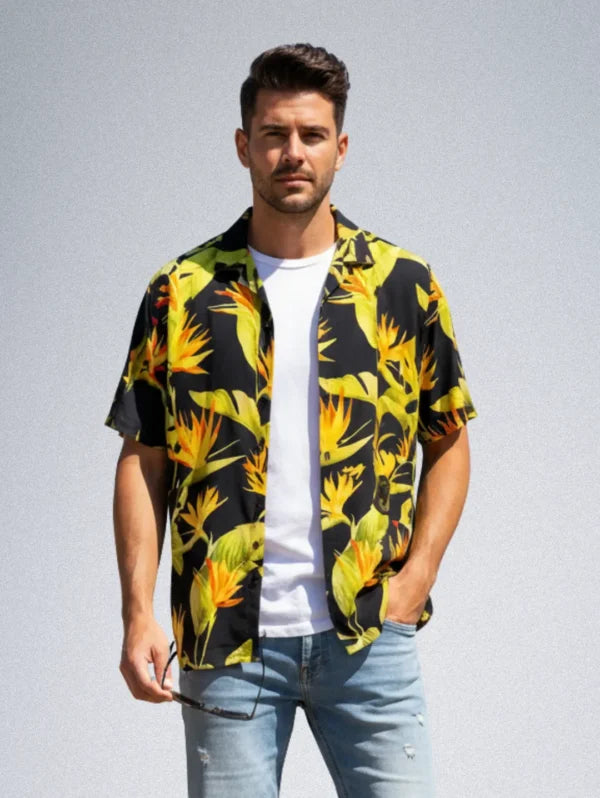 USKOY Men’s Tropical Hawaiian Silk Shirt – Black Bird of Paradise Silk Blend, Short Sleeve Button-Down