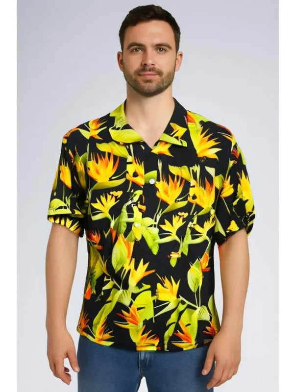 USKOY Men’s Tropical Hawaiian Silk Shirt – Black Bird of Paradise Silk Blend, Short Sleeve Button-Down