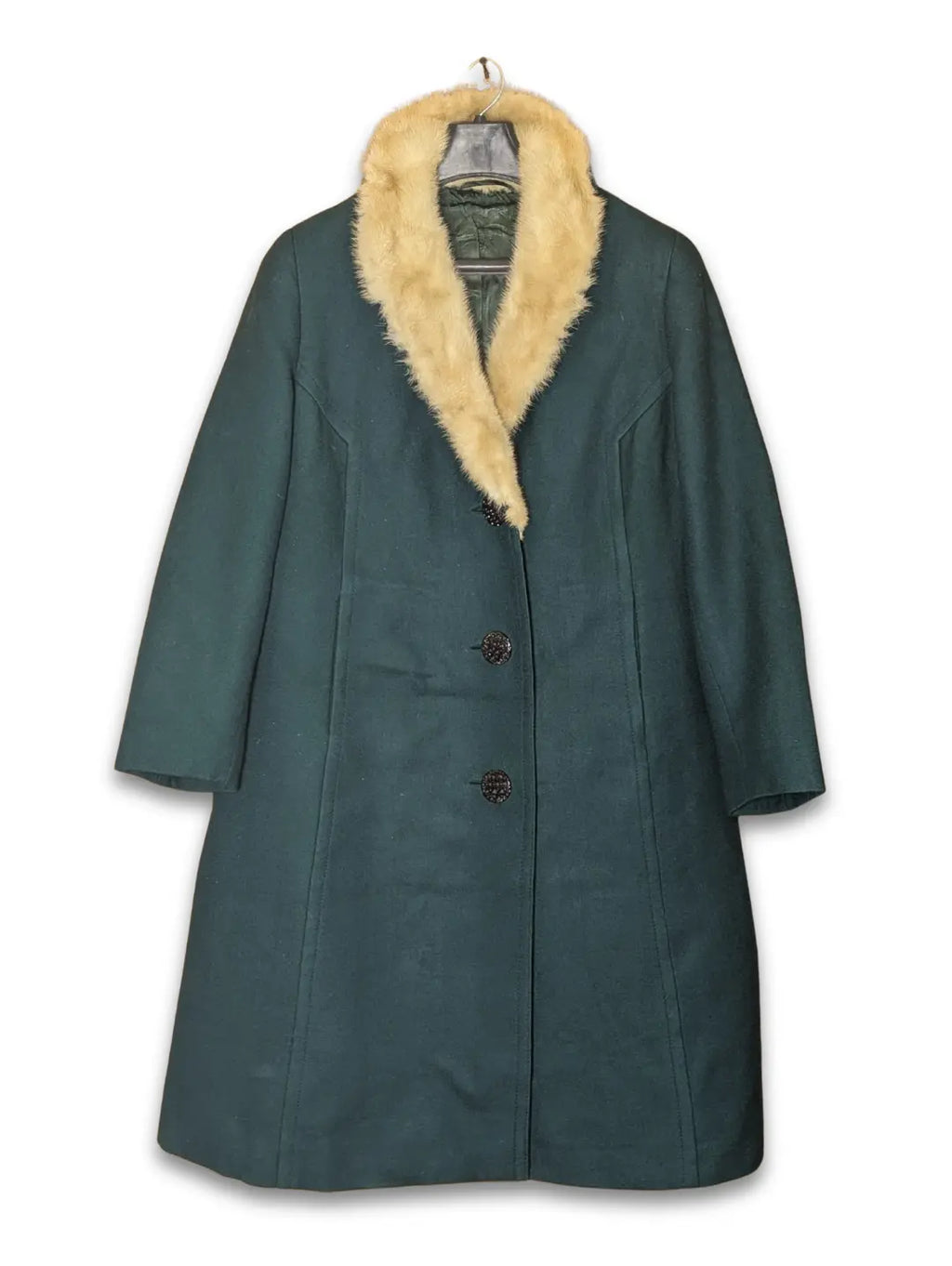 Elegant Emerald Green Long Wool Coat with Cream Faux Fur Collar