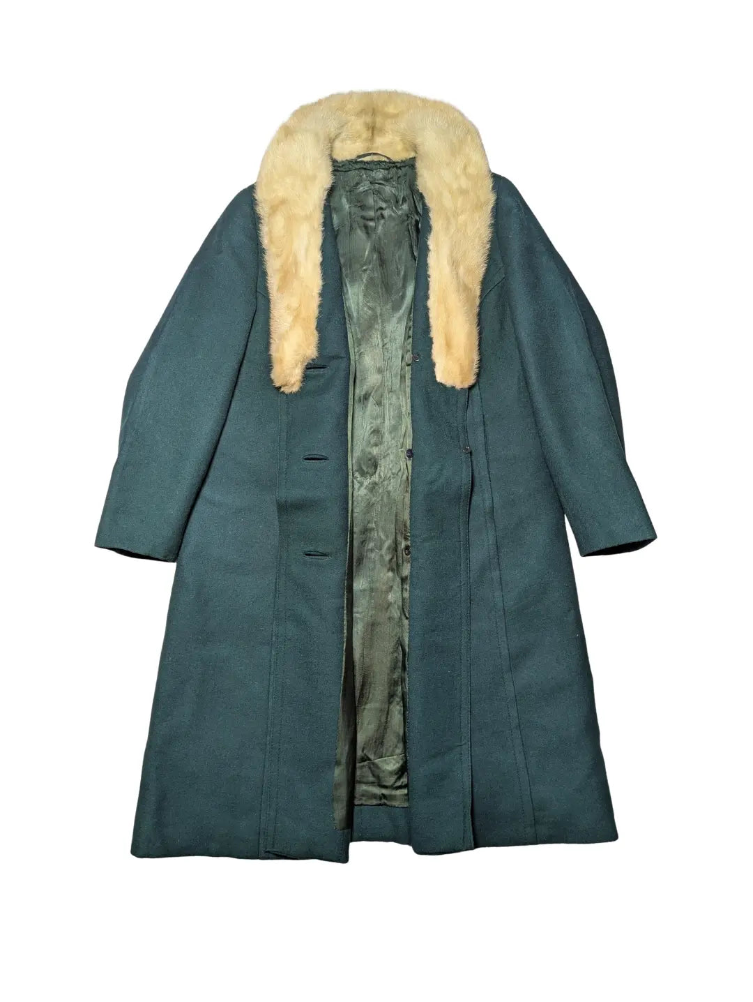 Elegant Emerald Green Long Wool Coat with Cream Faux Fur Collar