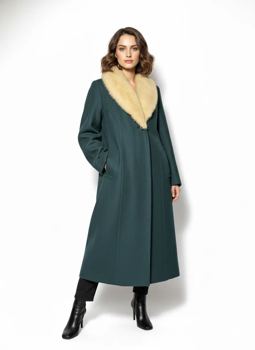 Elegant Emerald Green Long Wool Coat with Cream Faux Fur Collar