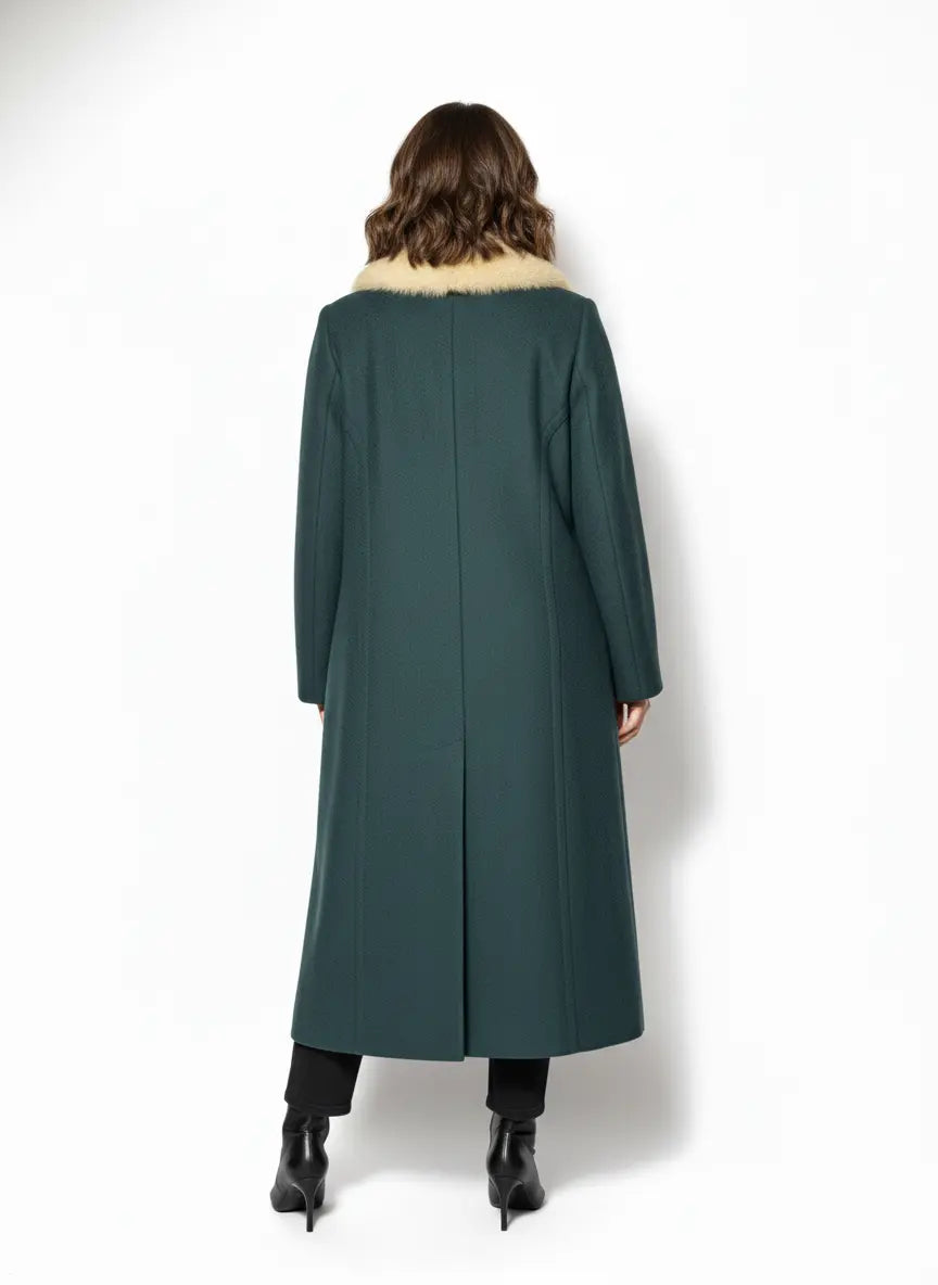Elegant Emerald Green Long Wool Coat with Cream Faux Fur Collar