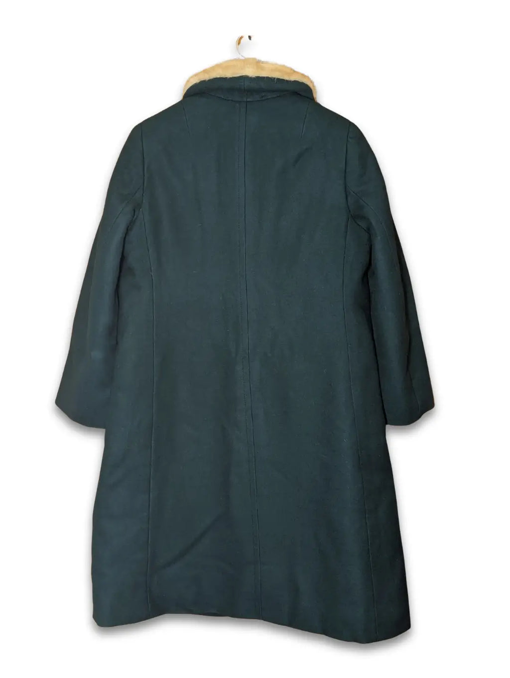 Elegant Emerald Green Long Wool Coat with Cream Faux Fur Collar